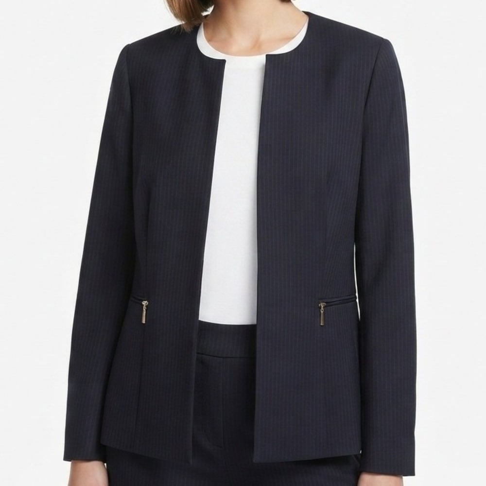 Kasper Blazer Womens 12P Navy Herringbone Open Front Collarless Zip Pockets